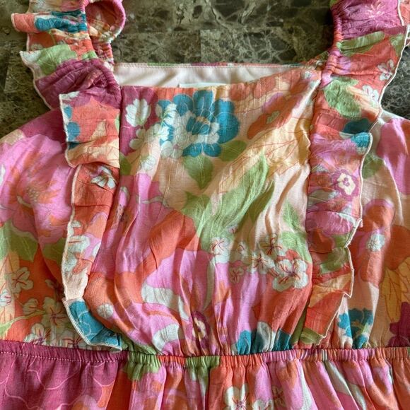 Frye Woman M Bright Floral Ruffled Smocked Dress NWT Flutter Sleeve Summer - Picture 9 of 10